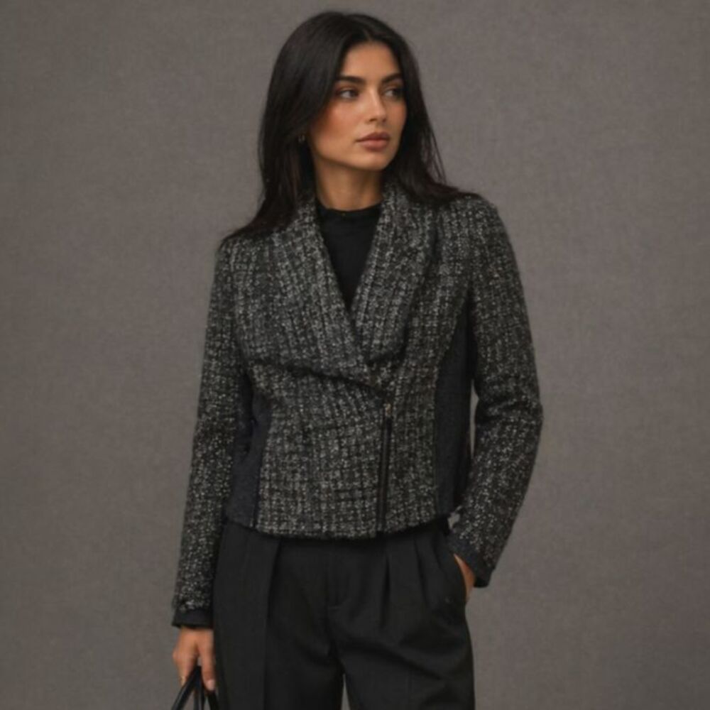 VTG Cache Gray Tweed Wool Blend Biker Jacket Sz10 Asymmetrical Zip Moto Blazer